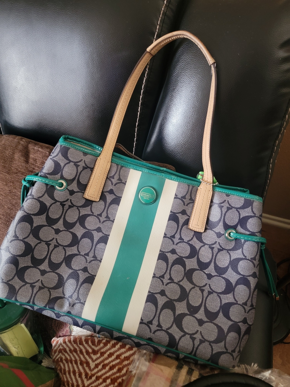 Coach Canvas Tote with Teal and Navy Signature Stripe